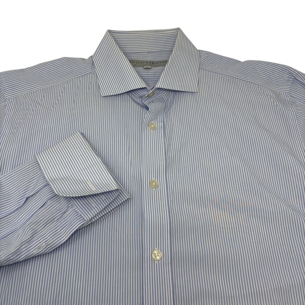 Gieves & Hawkes 16 (Large) Blue Striped Long Sleeve‎ French Cuff Button Up Shirt